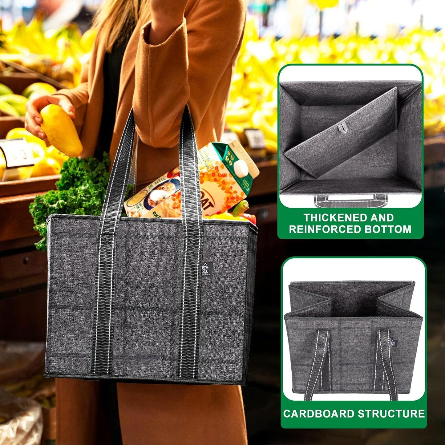 VENO Reusable Grocery Bags - Heavy-Duty Utility Tote with Handles, Water Resistant | 3 Pack, 6 Gallon