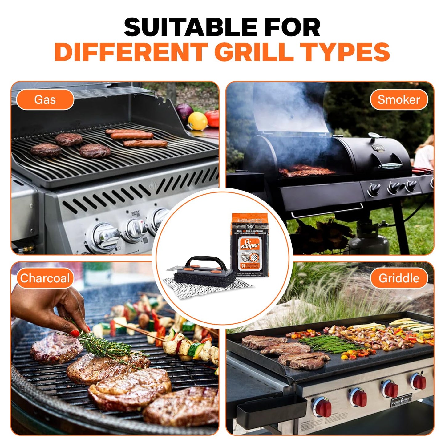 Proud Grill Q-Swiper BBQ Grill Cleaner Set - Bristle-Free Brush & 25 Safe Cleaning Wipes | Perfect for Grease Removal