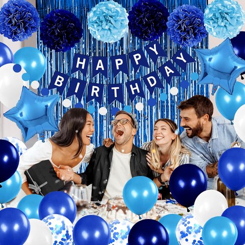Blue Birthday Party Decorations - Skiennix Happy Birthday Banner, Balloons & Pom Poms | Navy & Light Blue
