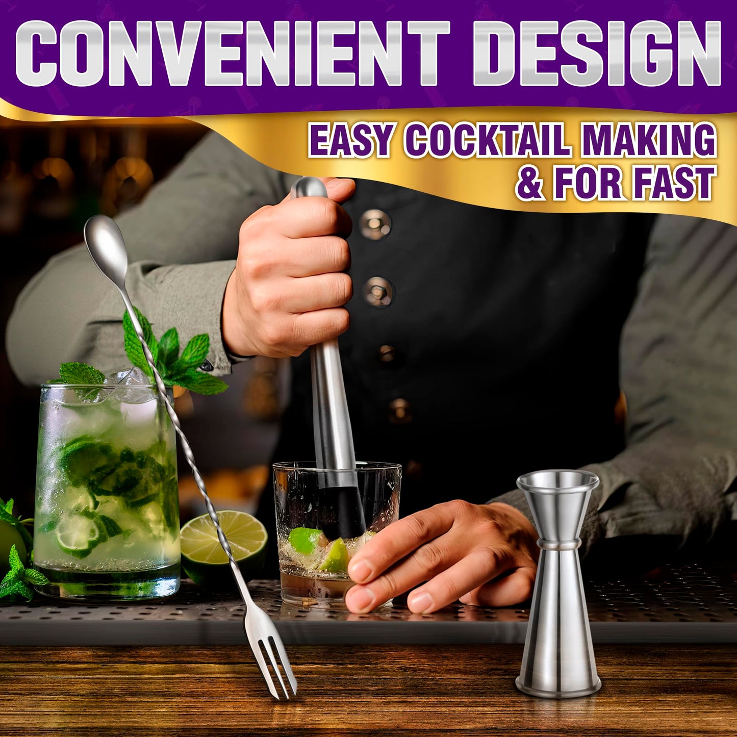 3 Pcs Muddler for Cocktails Set - Bar Muddler Tool with Sturdy Head, Versatile Cocktail Spoon & Jigger, Easy to Use & Clean, Stylish Rust-Resistant Stirring Tool - Bar Tools for Drinks Mixing