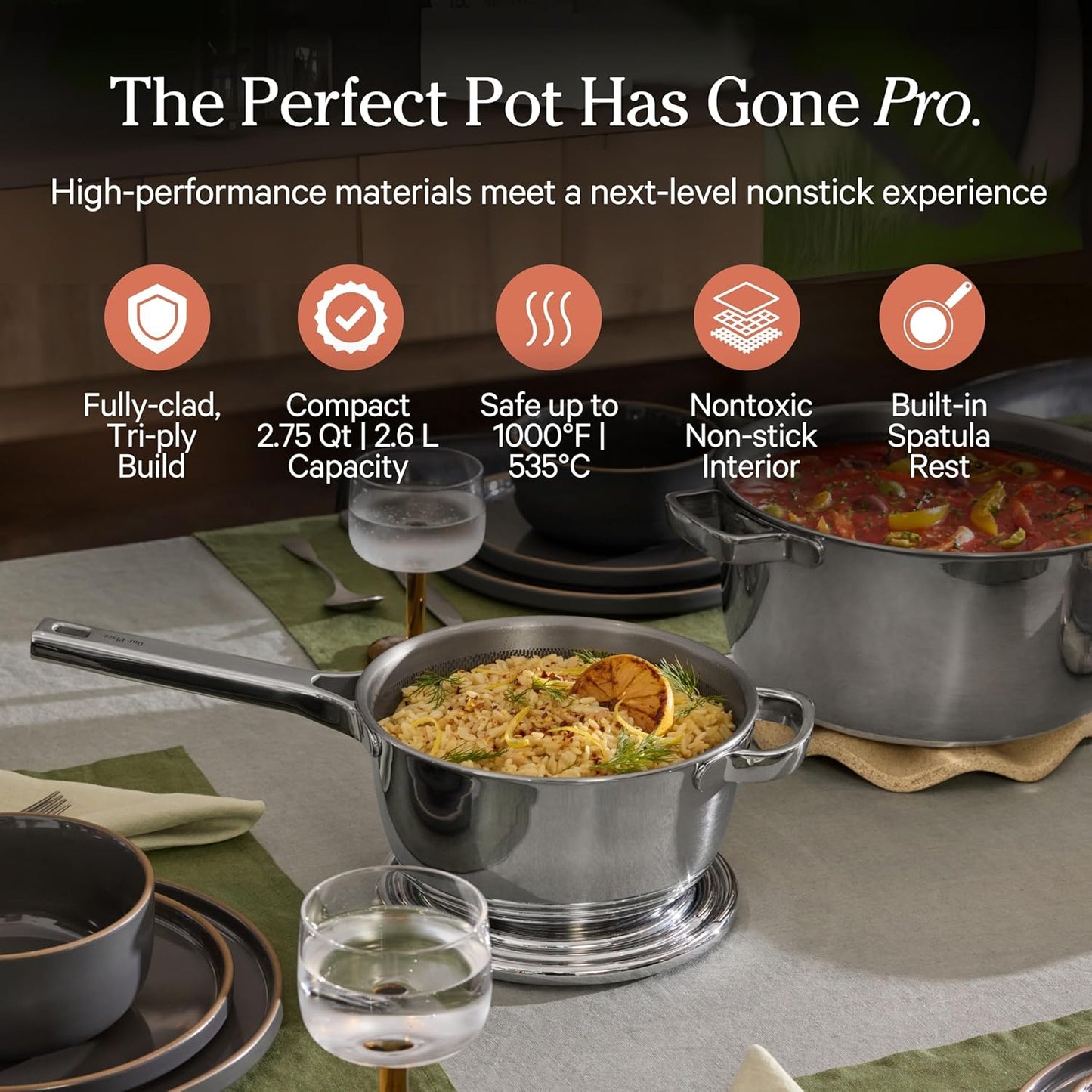 Our Place Mini Titanium Perfect Pot Pro - 2.75 Qt PFAS-Free Nonstick Cooking Pot with Lid & Spoon | Induction & Oven-Safe to 1000°F | Chrome