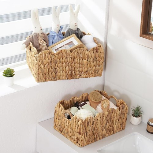 FairyHaus Wicker Storage Baskets - Handwoven Scalloped Design, Natural Water Hyacinth | 2-Pack, Large & Small
