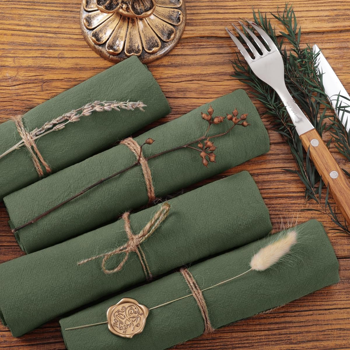 Socomi Cloth Napkins - Green Linen Cotton Set of 6 | Washable & Reusable 17"x17" for Thanksgiving & Events