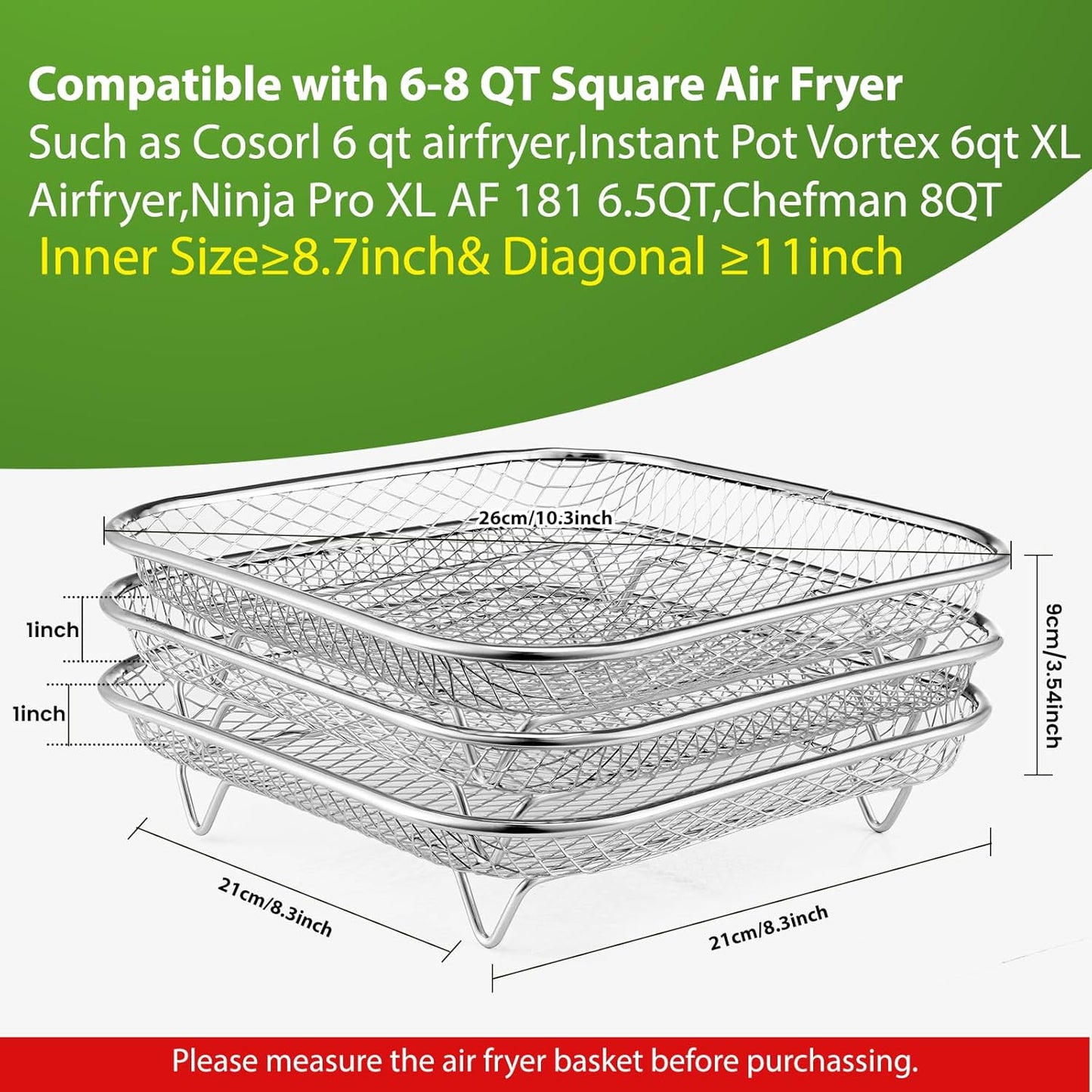 Square Air Fryer Rack by [Brand Name] - Stackable Stainless Steel Dehydrator Racks for 6-8 QT Air Fryers