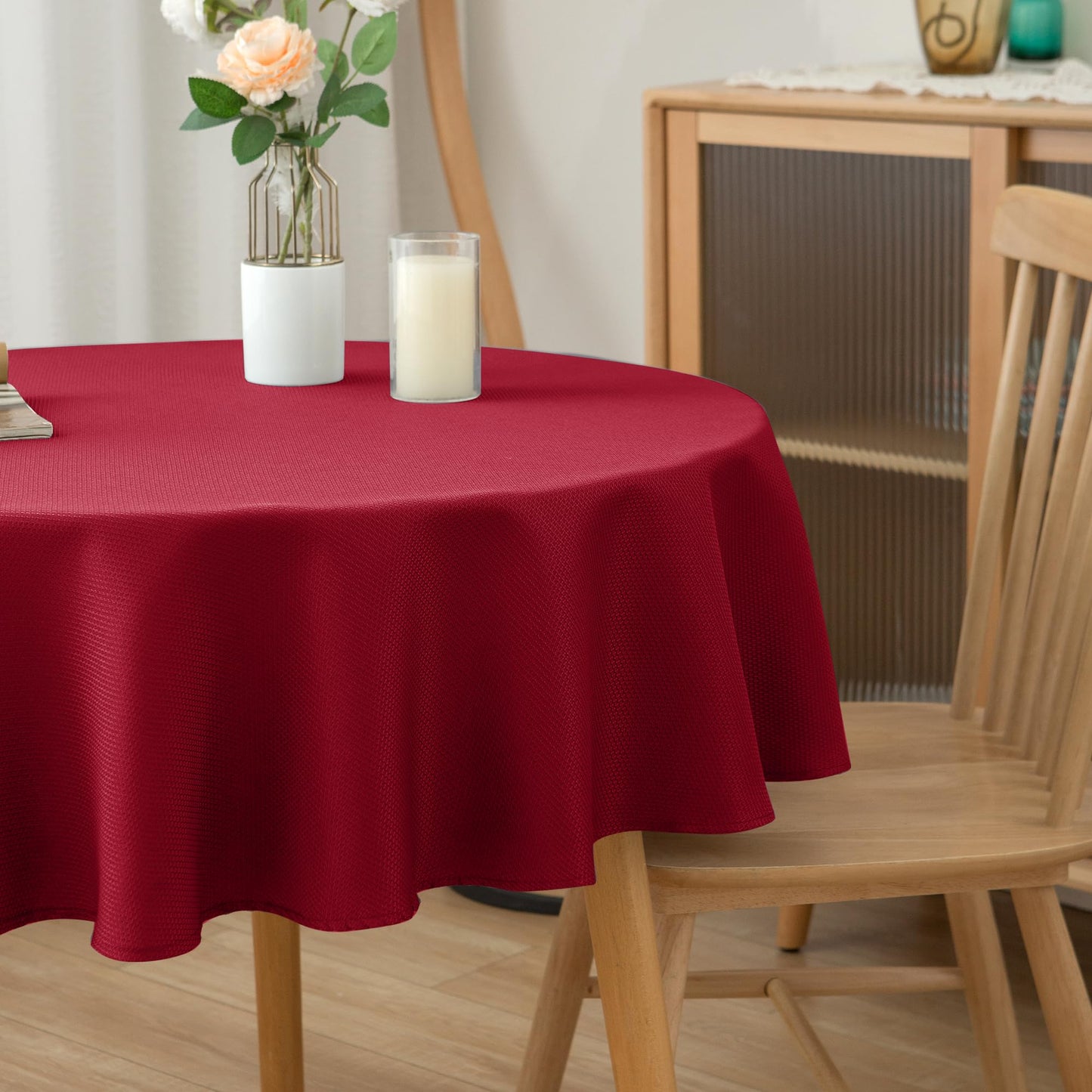 Biscaynebay Textured Fabric Round Christmas Table Cloths 108", Red Water Resistant Folding Table Covers for Dining, Kitchen, Wedding and Parties etc. Machine Washable