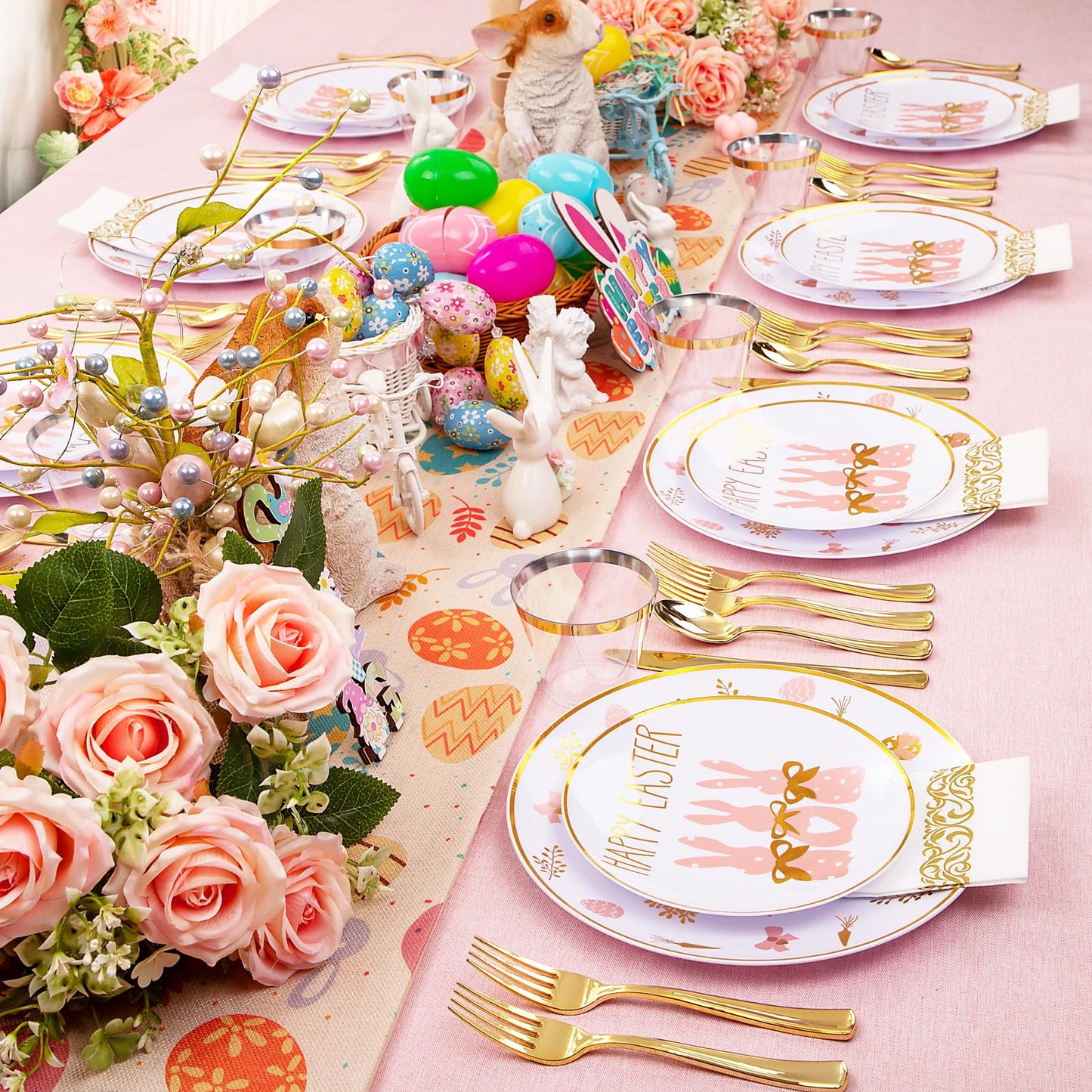 Morejoy 175pcs Easter Plastic Plates,Bunny Plates,Easter White & Pink Plates Disposable include 25Dinner Plates,25 Salad Plates,25 Cups,25 Forks,25 Knives,25 Spoons,25 Napkins Perfect for Party