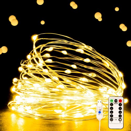Ehome String Lights, USB Fairy Lights Plug in with Remote & Timer 33 ft 100 LED Twinkle String Lights Silver Wire Lights 8 Modes Outdoor Indoor Waterproof Starry Lights DIY Party Wedding, Warm White