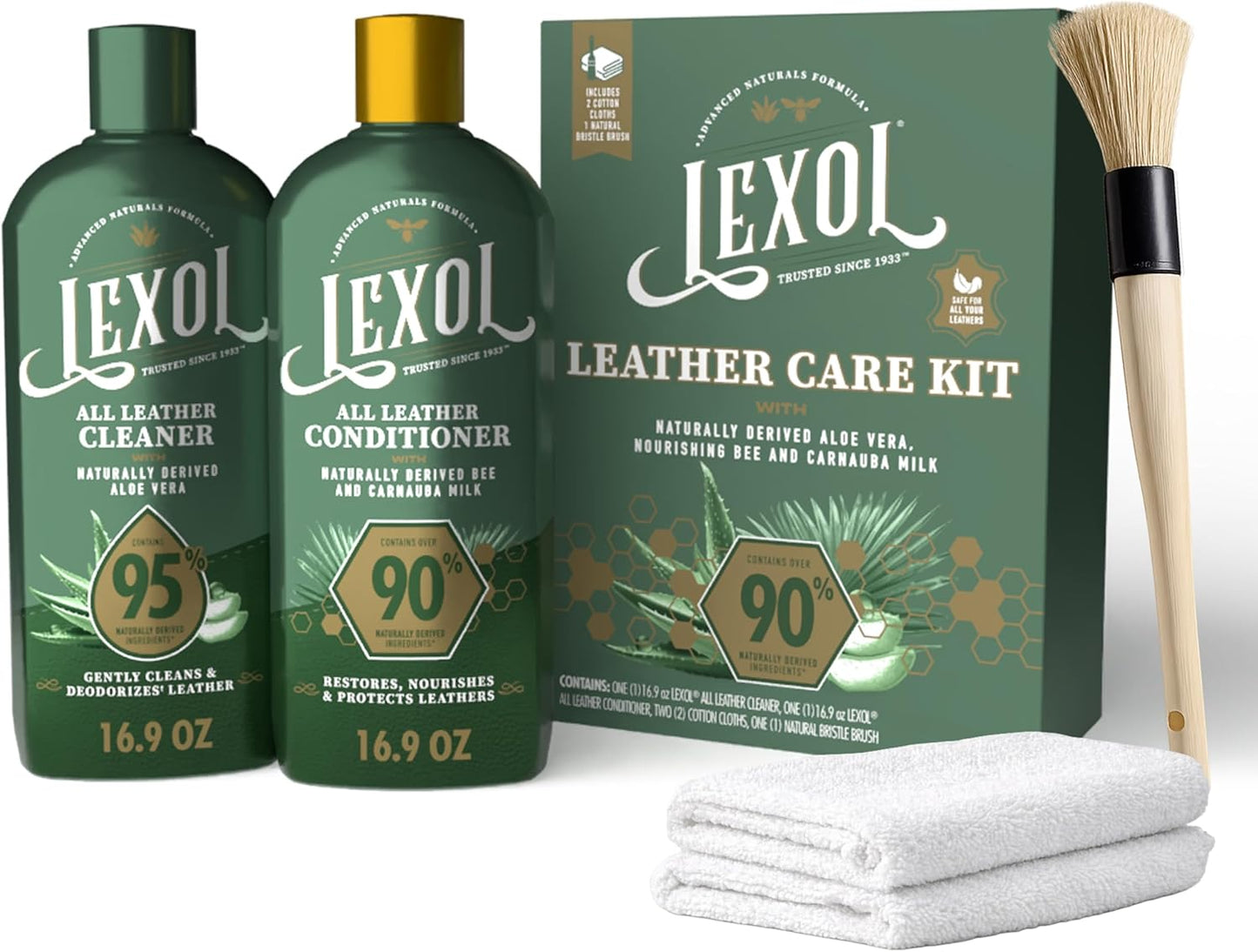 Lexol Advanced Naturals Leather Care Kit - All-In-One Cleaner & Conditioner with Brush & Cloths | 5 Piece Set for Cars, Furniture & More