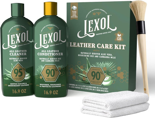Lexol Advanced Naturals Leather Care Kit - All-In-One Cleaner & Conditioner with Brush & Cloths | 5 Piece Set for Cars, Furniture & More