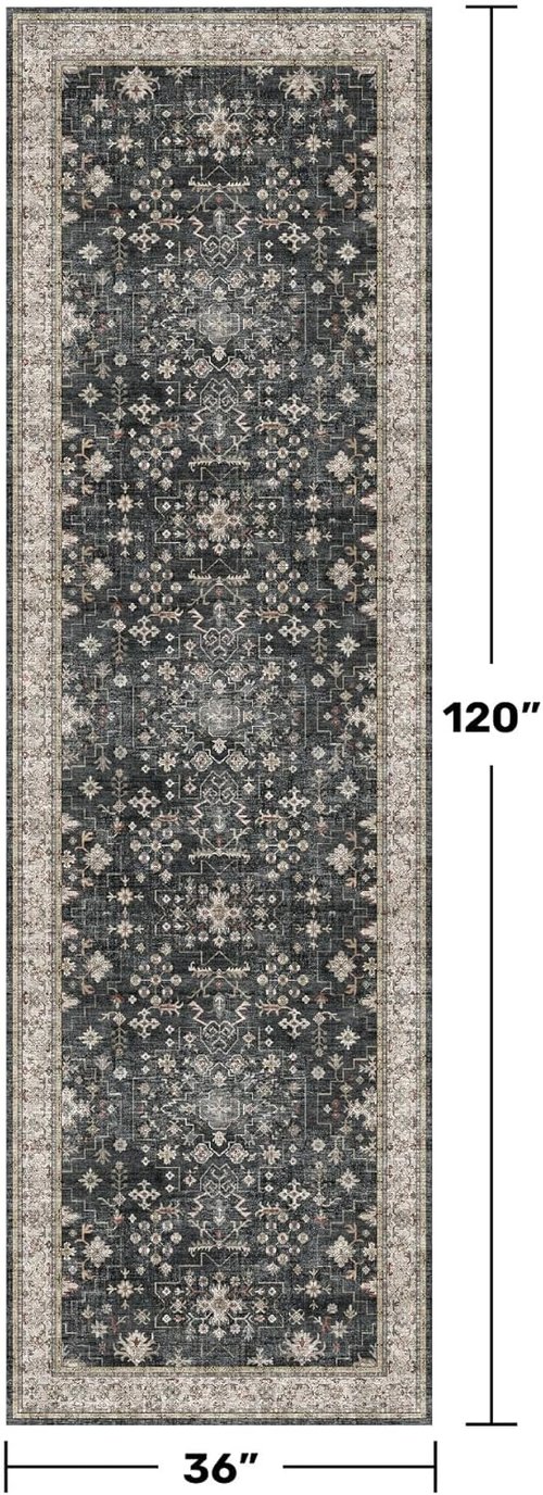 Hazo Haus Black Boho Runner Rug - Washable 3x10 Extra Long | Waterproof, Non-Slip, Stain & Fade Resistant