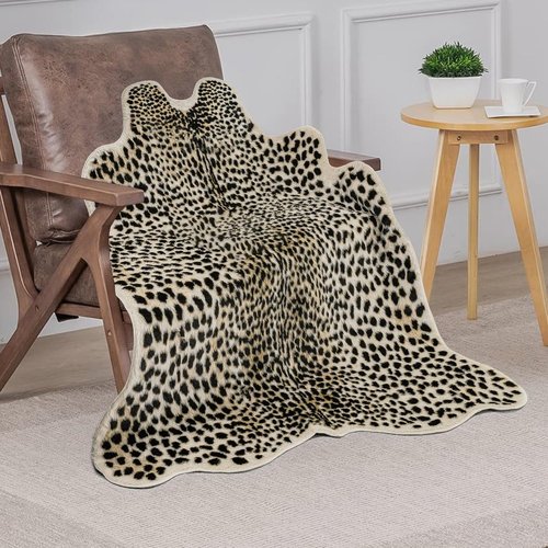 Cheetah Print Rug - Faux Cowhide Skin Fur Area Carpet for Living Room & Kitchen | 3.3 x 3.1 ft