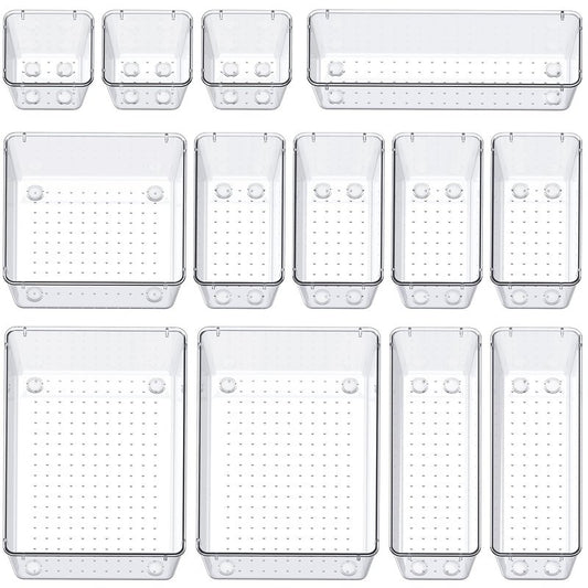 SMARTAKE 13-Piece Drawer Organizers with Non-Slip Silicone Pads, 5-Size Desk Bathroom Drawer Organizer Trays Storage Tray for Makeup, Jewelries, Utensils in Bedroom Dresser, Office and Kitchen, Clear