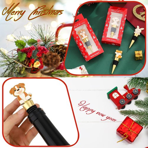 Christmas Wine Bottle Stopper,4 Pieces Christmas Dog Rabbit Fox Decorative Xmas Wine Bottle Stopper,Metal Reusable Christmas Bottle Stoppers for Wine, Champagne and Beer Collection (Animal)