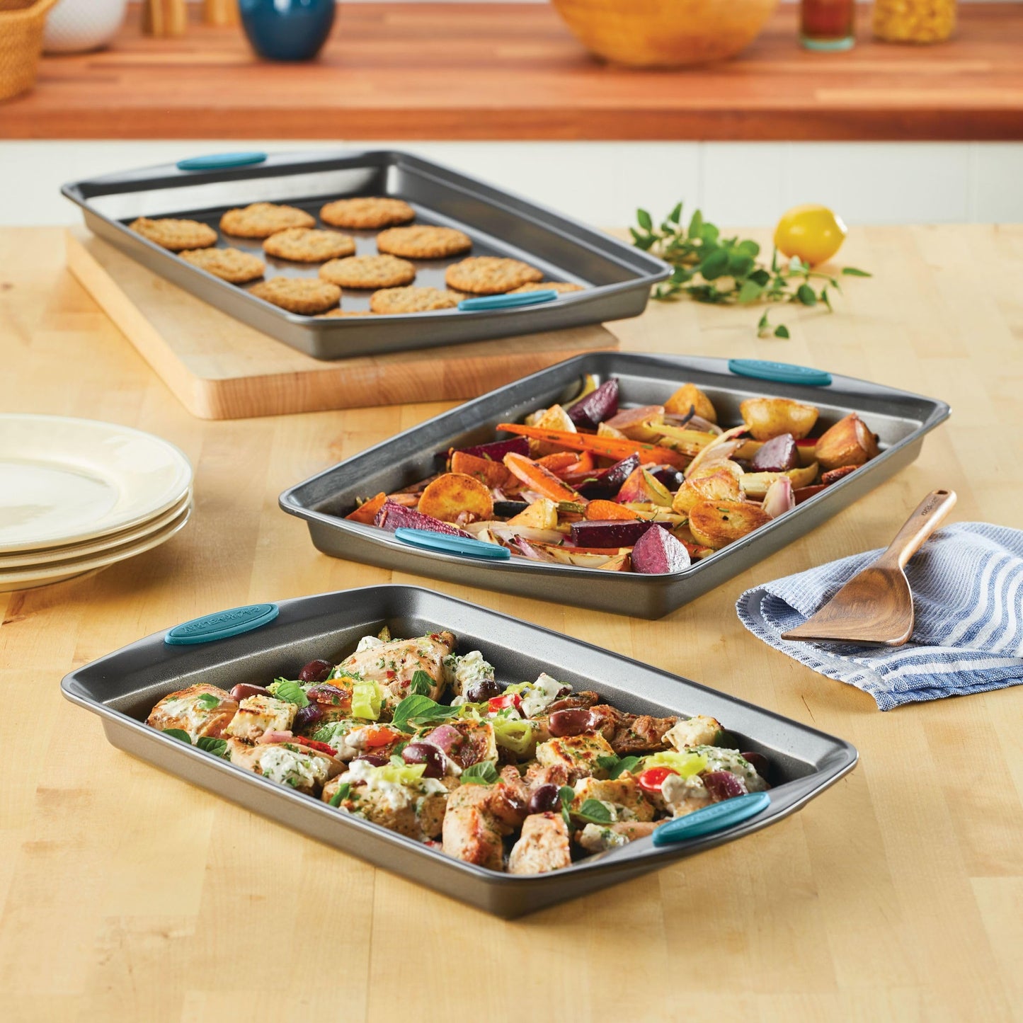 Rachael Ray Bakeware Nonstick Cookie Pan Set, 3-Piece, Gray with Agave Blue Grips