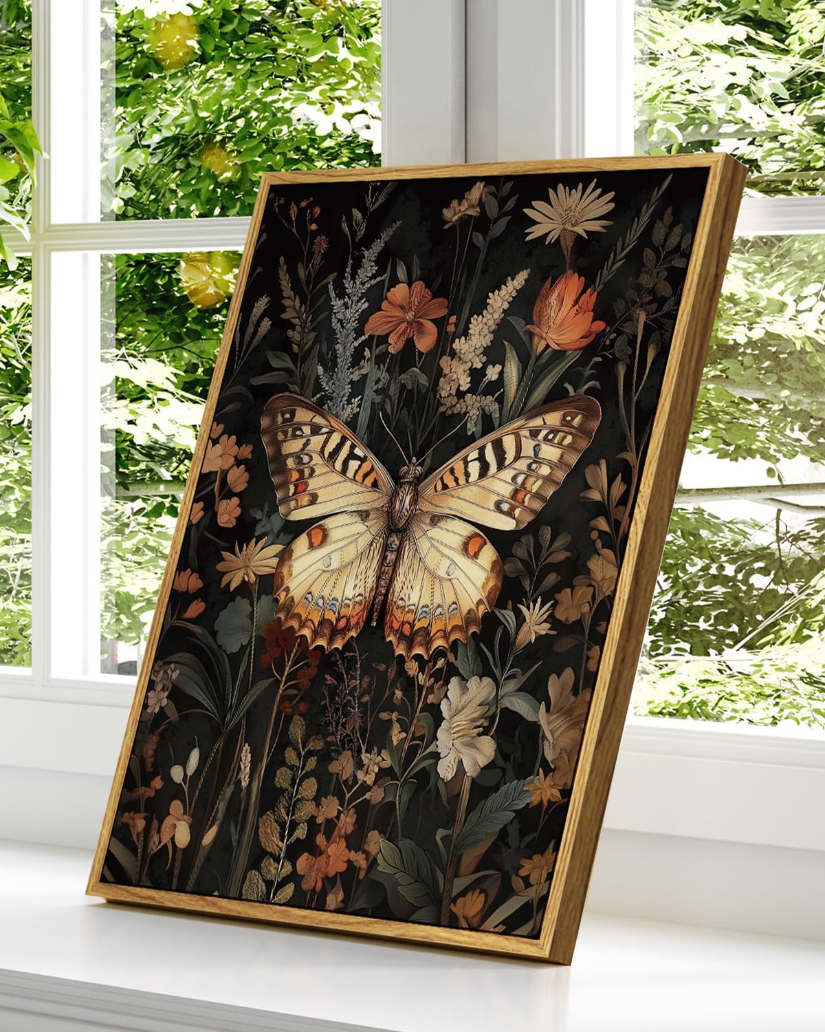 Vintage Nature Framed Botanical Print - Elegant Rustic Butterfly Floral Canvas Wall Art