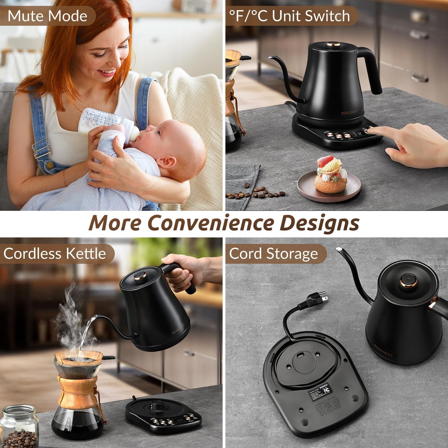 RONGBEST Electric Gooseneck Kettle 1L, 6 Temperature Presets, 1200W Quick Heating Water Pour Over Coffee & Tea Pot with Auto Shut-off & Keep-warm, Stainless Steel Inner & Lid, Matte Black