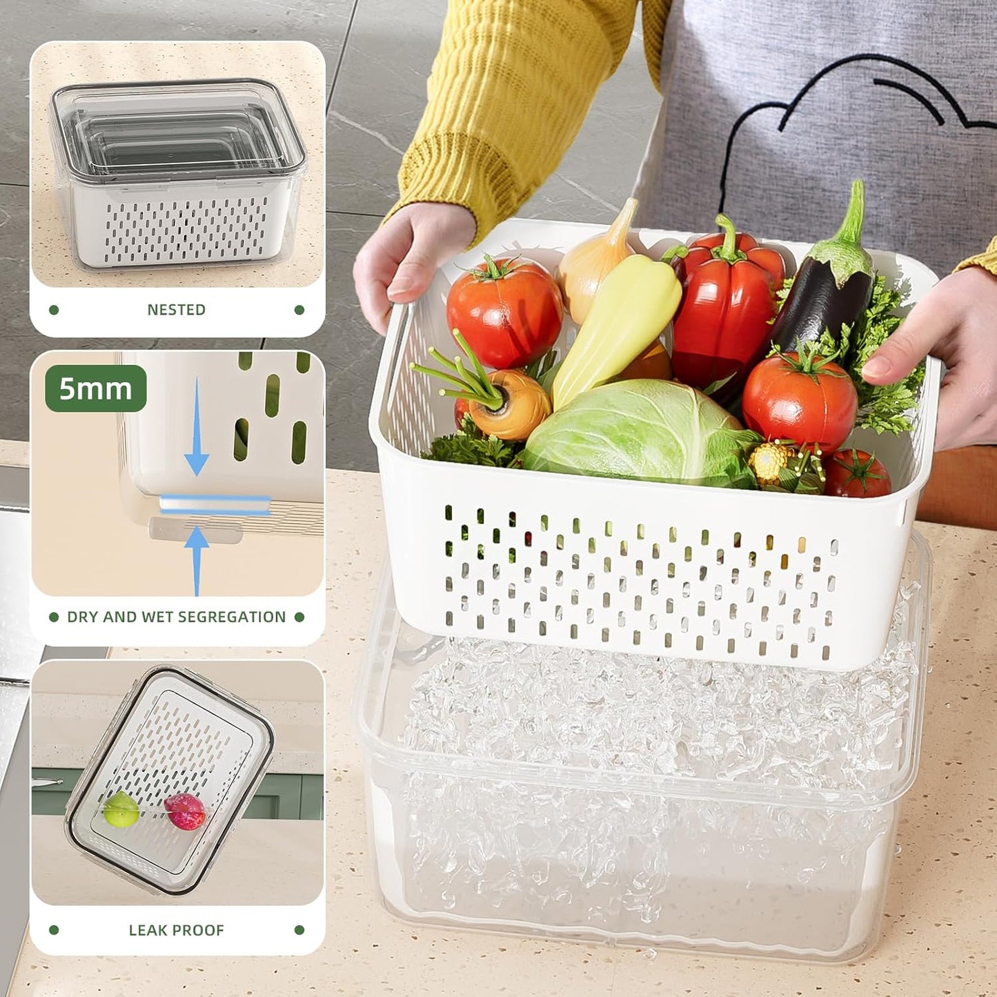 KEMETHY Fruit Storage Containers - 5 Pack BPA-Free with Removable Colanders | Keep Produce Fresh Longer