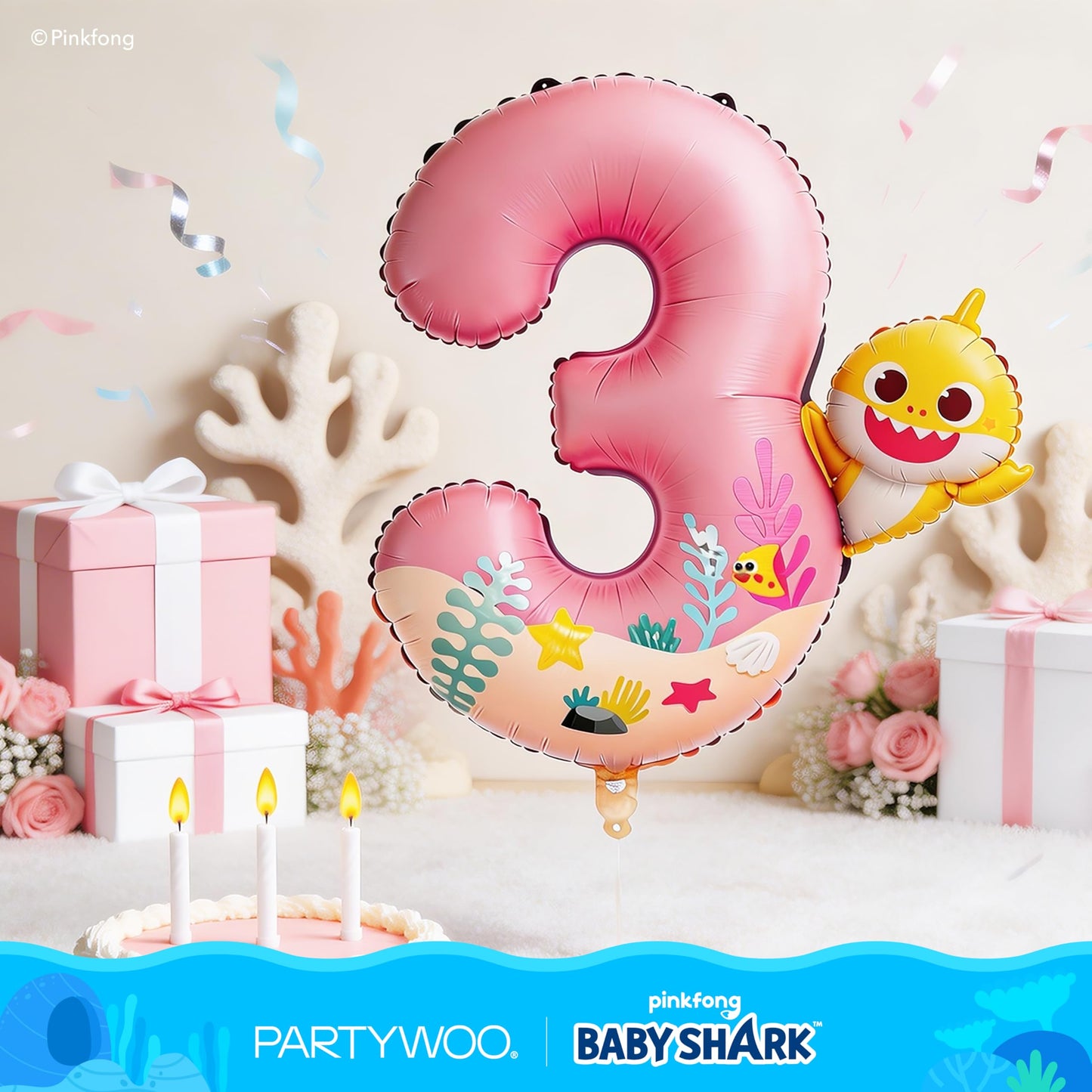 PartyWoo Baby Shark Pink Foil Number 3 Balloon 40 Inch Pink Mylar Helium Birthday Number Balloons for Girls and Boys Baby Shark Under the Sea Ocean Theme Kids Third Birthday Party Decorations
