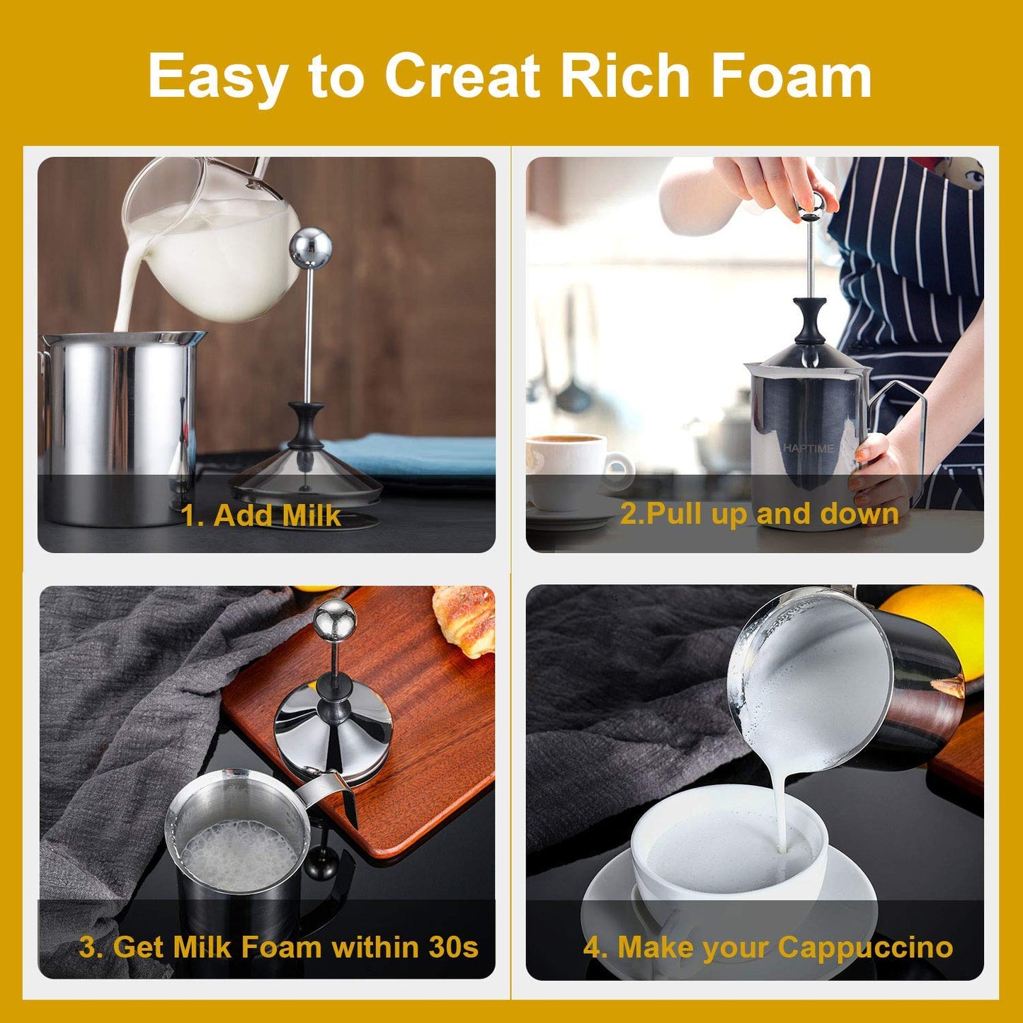Manual Milk Creamer Hand Pump Frother Cappuccino Latte Coffee Foam Pitcher with Handle, Lid, Double Layer Filter Screen, Stainless Steel, 17-Ounce Capacity (500ml)