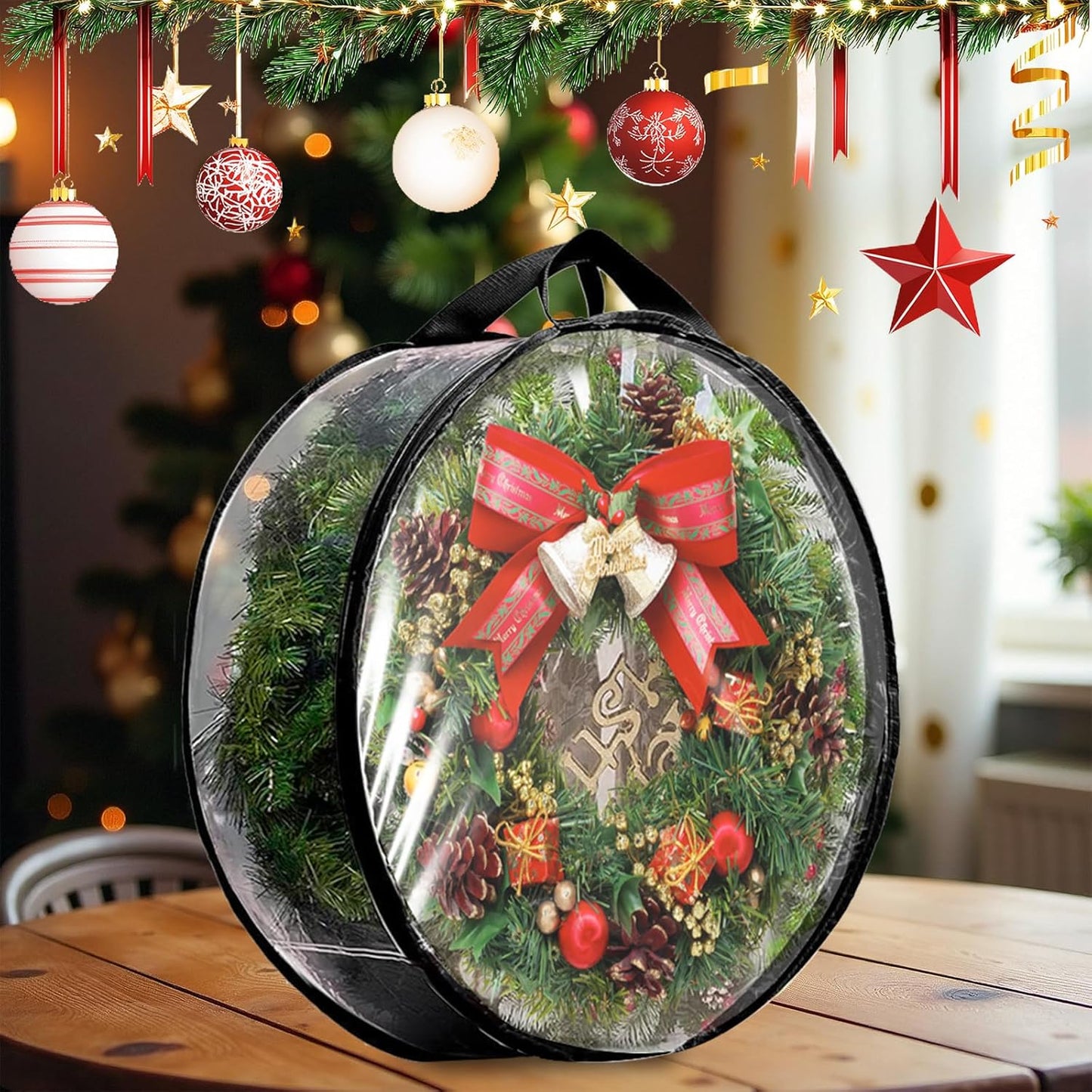YAYODS Wreath Storage Bag - Heavy Duty 30 Inch Christmas Wreath Container with Clear Window | Black