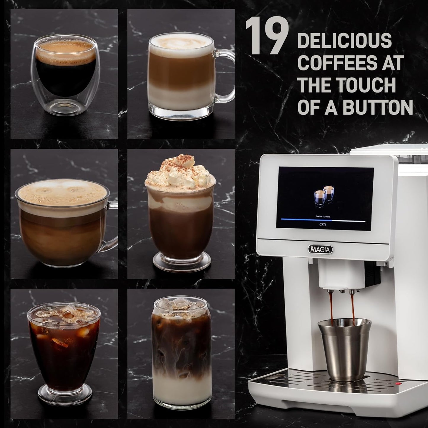 Zulay Magia Espresso Machine With Grinder - 19 Customizable Coffee Options | Includes Insulated Milk Container & Deluxe Cups - Auto-Cleaning - OG White
