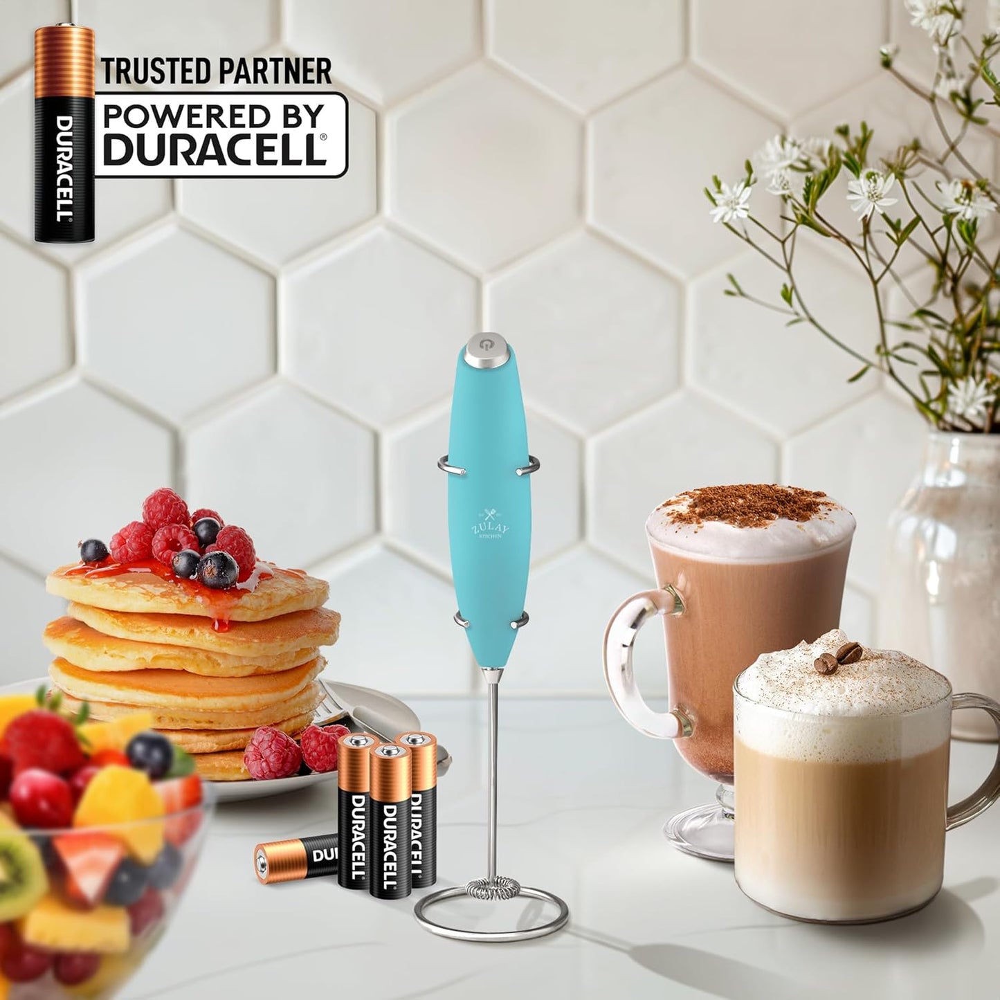Zulay Kitchen Milk Frother Wand - Ultra-Fast Handheld Electric Whisk for Coffee & Lattes - Aqua Color