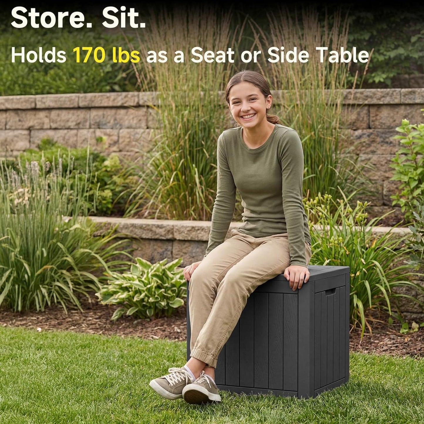 PatioZen 35 Gallon Waterproof Outdoor Deck Box - Lockable Resin Storage for Garden Tools & Cushions (Black)