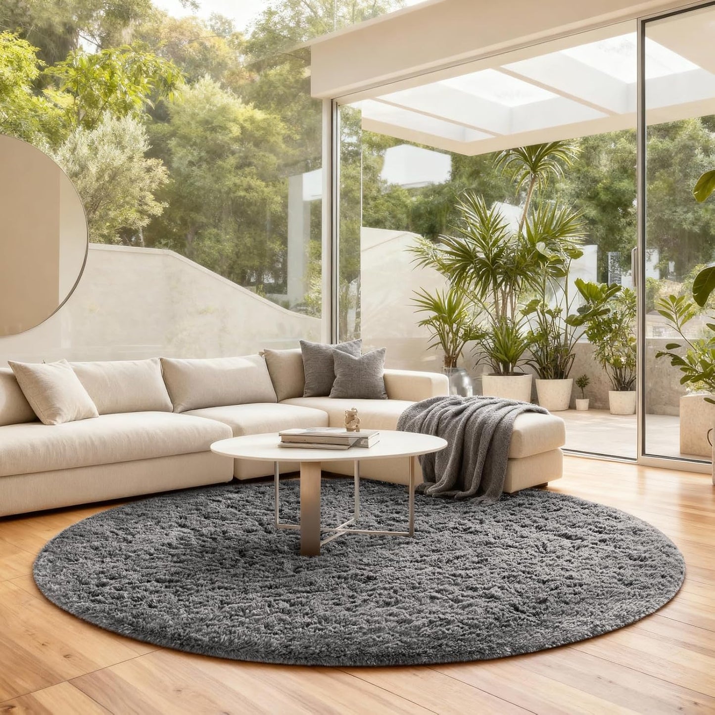 Ophanie Round Rug - 7Ft Grey Circle Area Rug | Plush Fluffy Shag Carpet for Living Room & Nursery