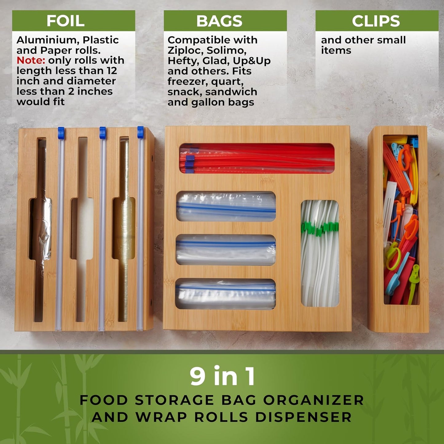 Skiennix Kitchen Drawer Organizer - 9-in-1 Sandwich Bag & Foil Wrap Dispenser | Fits Gallon, Quart, Snack Sizes