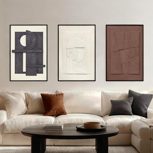 3D Textured Framed Wall Art - Modern Minimalist Neutral Artwork | Geometric Decor for Living Room, 24x36 In