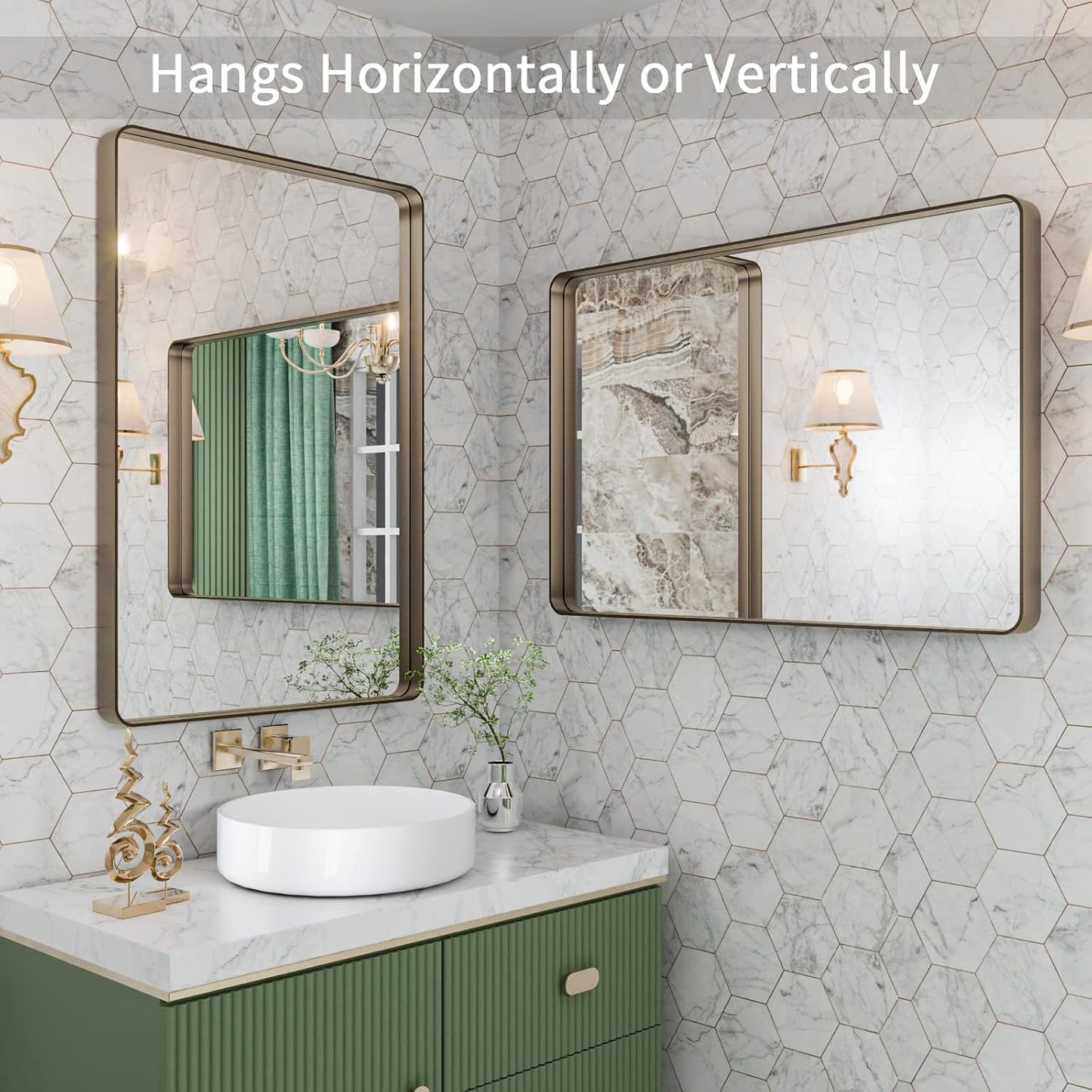 LOAAO Bronze Bathroom Mirror - 24”X32” Rounded Rectangle Design with Anti-Rust Brushed Metal Frame | Versatile Hanging Options