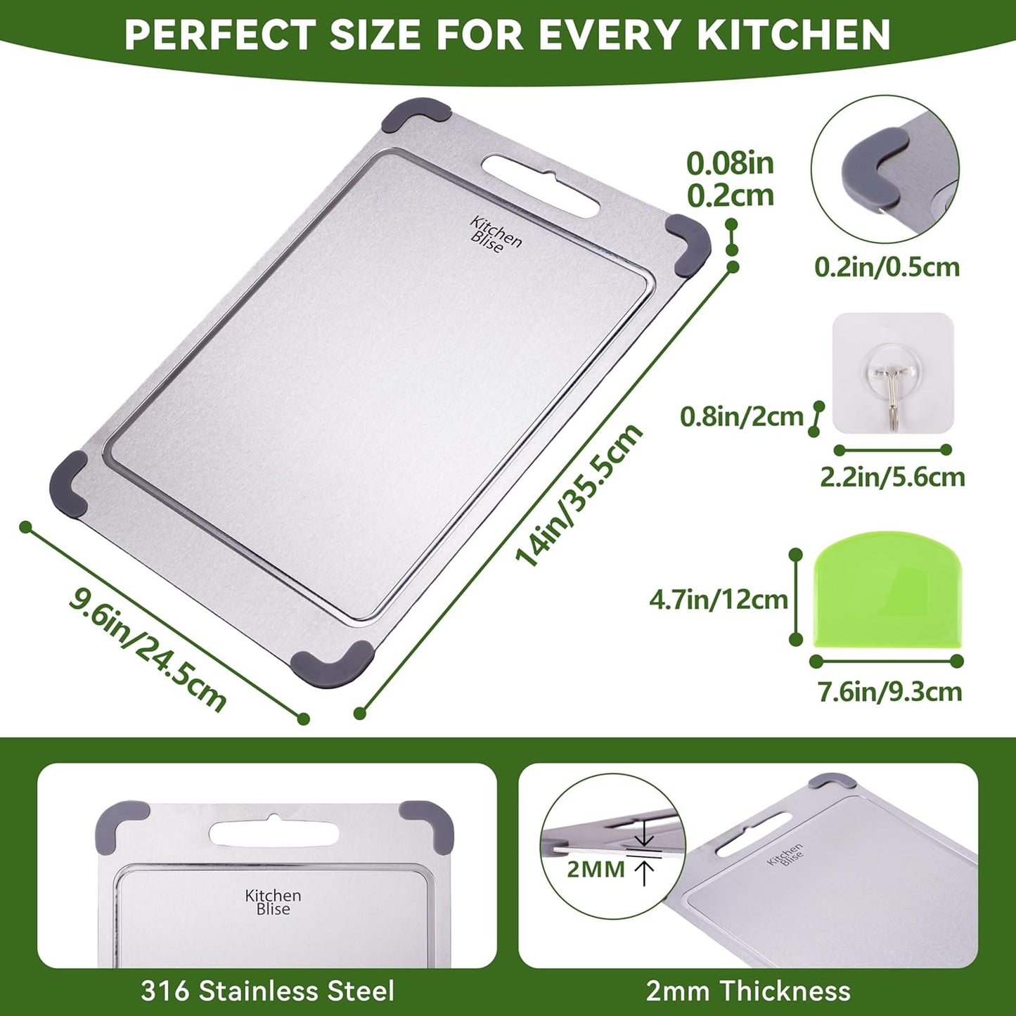 Premium 316 Stainless Steel Cutting Board - Non-Toxic Food Grade | 14" x 9.6" Dishwasher Safe with Grooves for Meat, Veggies & Fruit
