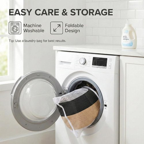 JMvicyroam 65L Extra Large Blanket Basket - Woven Cotton Rope Laundry Hamper with Reinforced Handles | Machine Washable Black & Jute Storage Bin for Pillows, Comforters & Toys