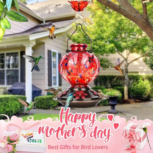 BOLITE Hummingbird Feeder - Hand Blown Glass Design with 5 Bee-Proof Ports | 22oz Capacity, Red Peony