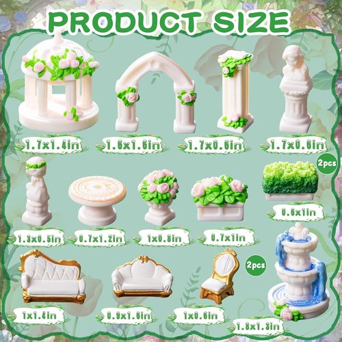 Exasinine Mini Garden Furniture Ornaments Set - 15 Pcs Micro Resin Patio Decor with Table, Chair, Bench, and Fountain Statues