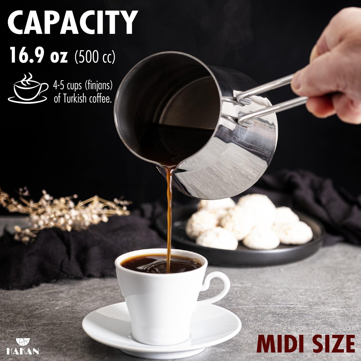 Hakan Turkish Coffee Pot, Greek Arabic Coffee Cezve, Stainless Steel Stove Top Milk Warmer, Chocolate Melting Pot with Spout, Chai Pot, Ibrik, Briki | 16.9 oz. (500 cc)