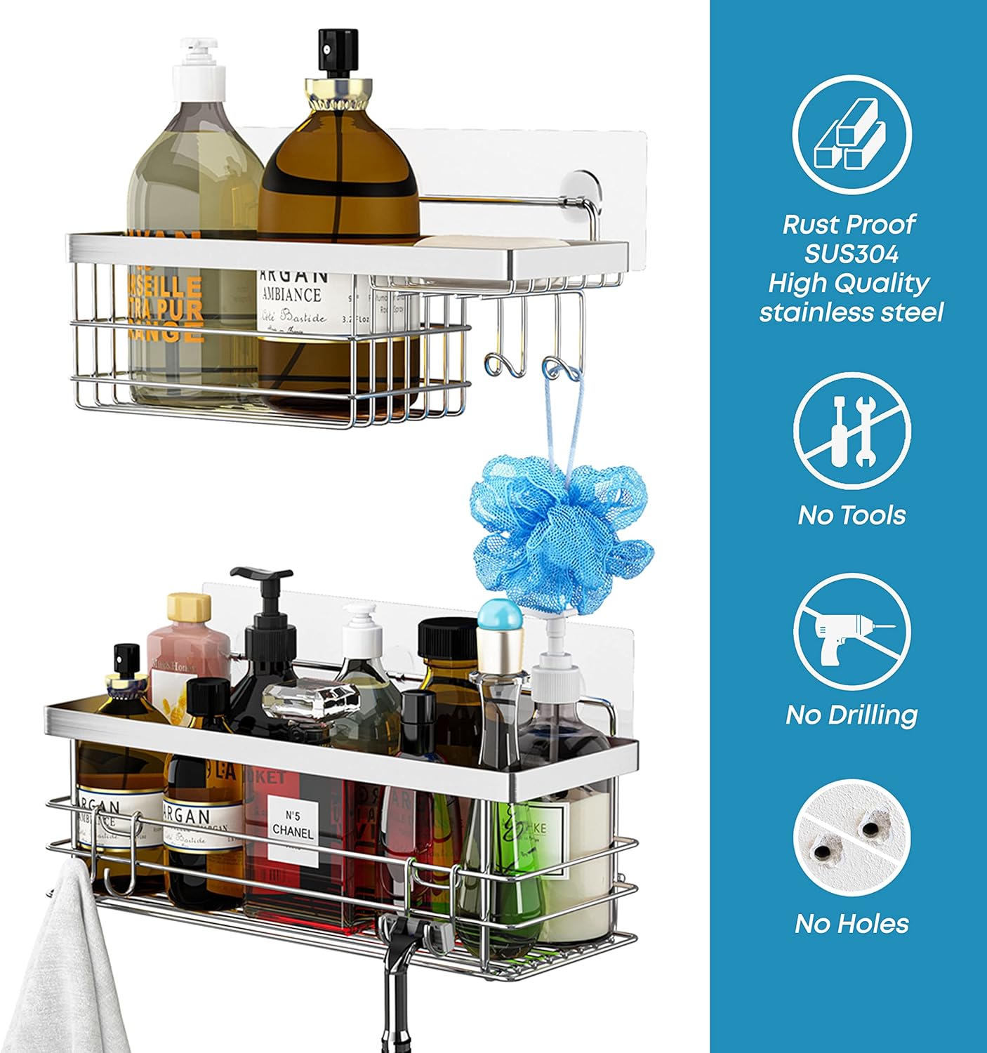 KESOL Shower Caddy - Rustproof SUS304 Stainless Steel Bathroom Shelf Organizer | No Drilling, 2 Pack, Silver