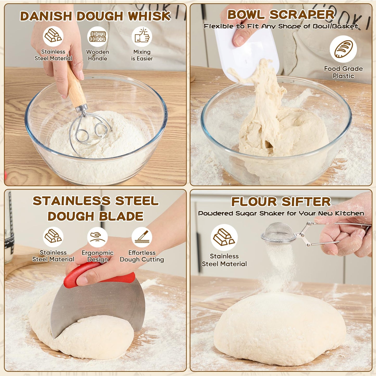 KNEDWRMY Sourdough Starter Kit & Sourdough Bread Baking Supplies-10" Round & Oval Banneton Proofing Baskets, 32 oz Sourdough Starter Glass Jar, Bread Making Tools, for Bread Making/Baking Fermentation