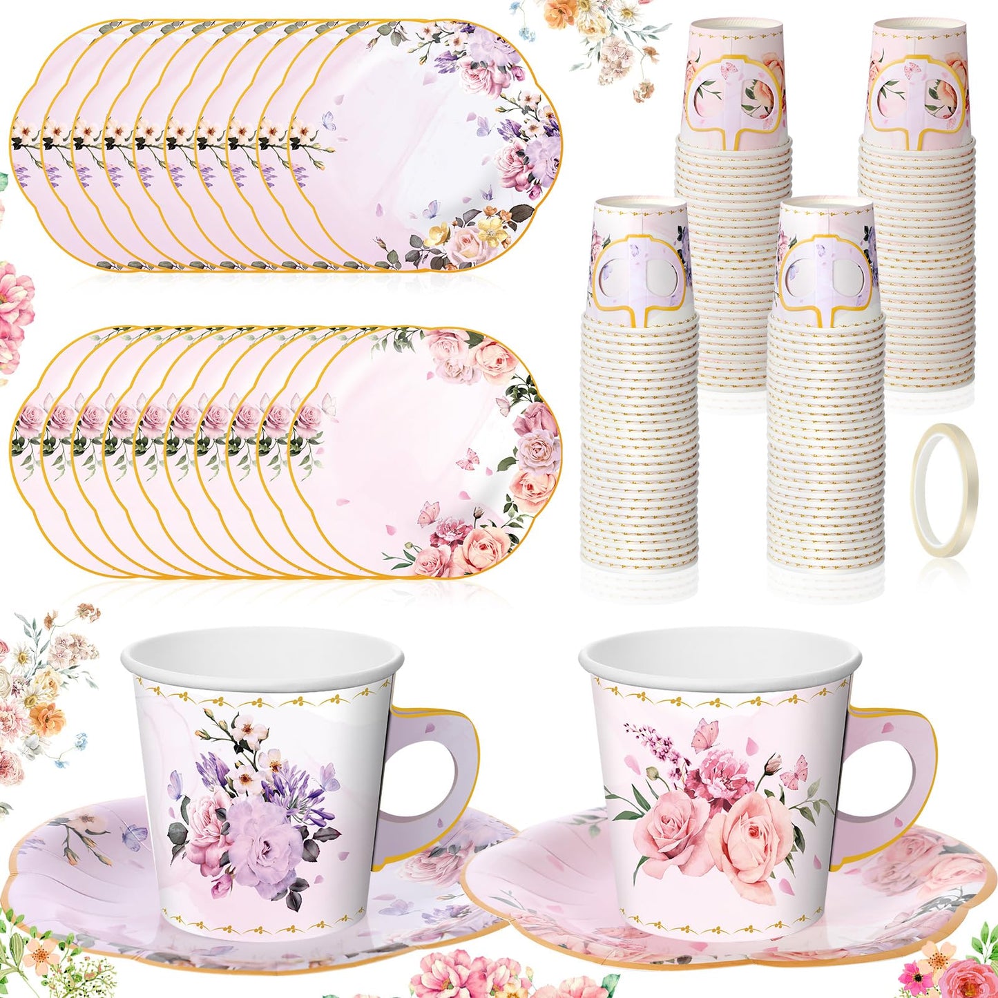 Umigy 60 Set 6.5 oz Floral Paper Tea Cups with Handle and Plates Tea Party Decorations with Tape Disposable Blossom Teacups and Saucers Sets for Hot Cold Birthday Drink(Elegant)