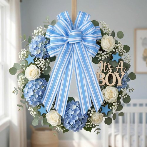 Blue White Striped Wreath Bow - Large 20x11 Inch Premade Baby Shower Decor for Front Door