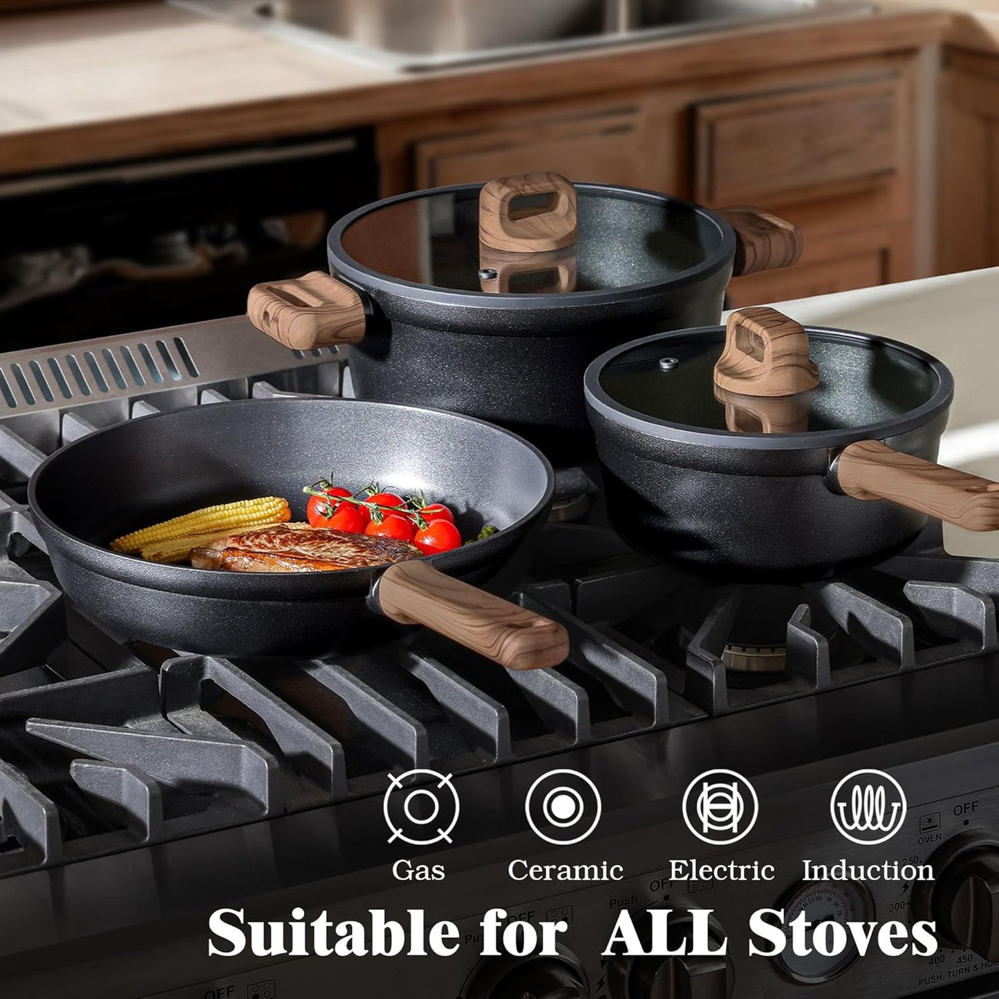 SENSARTE Nonstick Pots and Pans Set - 20-Piece Black Titanium Cookware, Induction Compatible & Dishwasher Safe