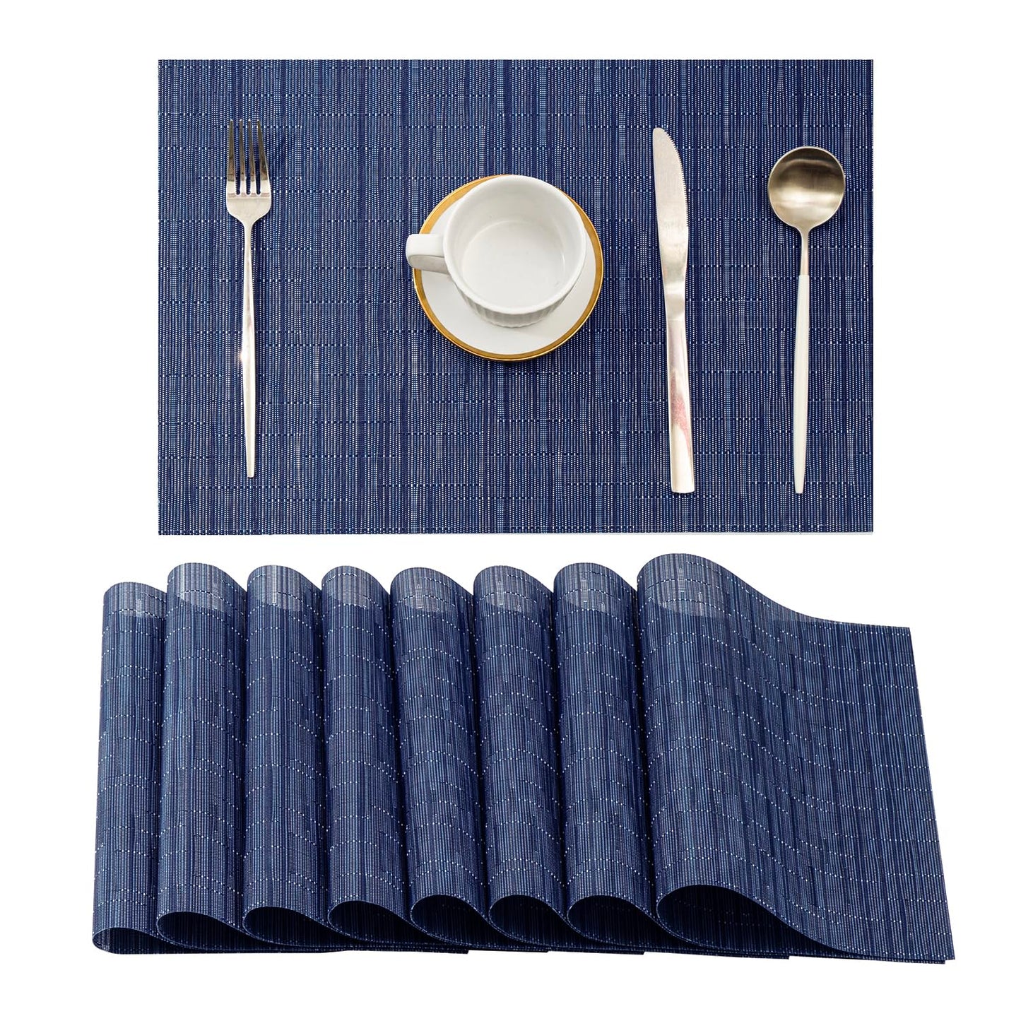 Leetaltree Blue Placemats Set of 8 - Heat Resistant Non-Slip Place mats for Dining Table, Washable Durable PVC Vinyl Woven Table Mats（Blue, 8）