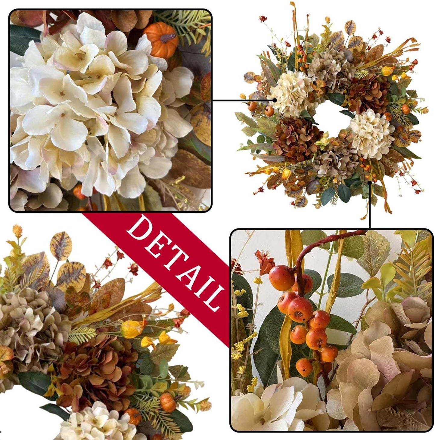 WANNA-CUL 24 Inch Fall Wreath - Hydrangea & Little Pumpkins | Seasonal Home Decor for Autumn & Thanksgiving