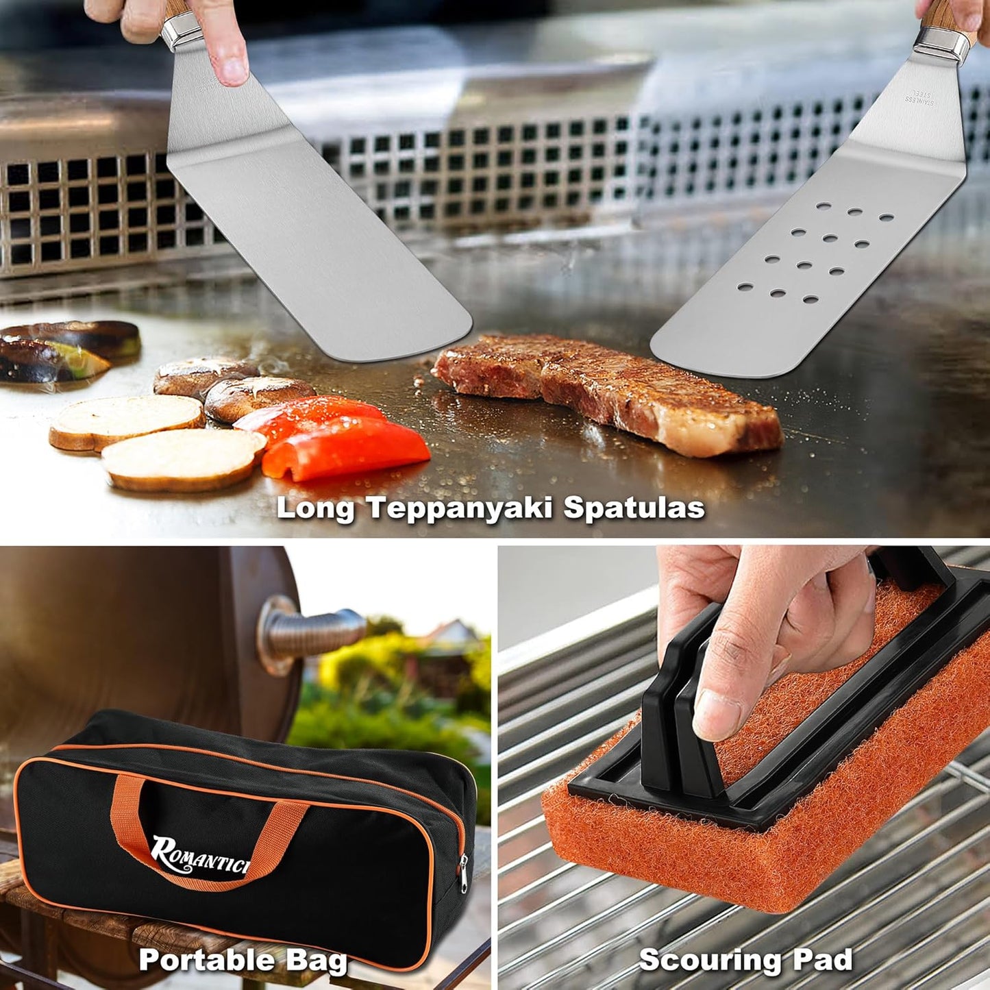 ROMANTICIST 29-Piece Griddle Accessories Set - Flat Top Teppanyaki Spatula & Scraper with Basting Cover