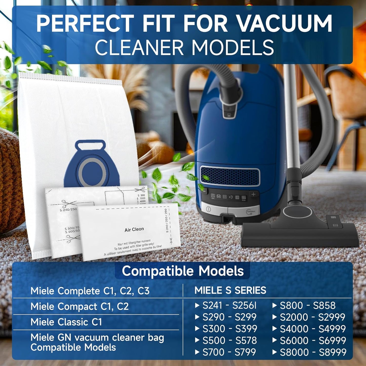 Miele 3D Airclean Vacuum Bags - 20 Pack Anti-Allergy Dust Bags with Filters for Classic C1/C2/C3, S2/S5/S8