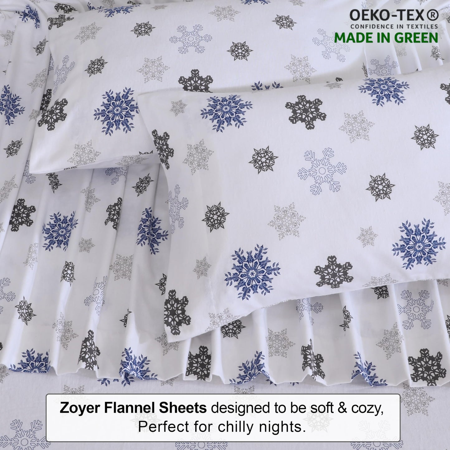 ZOYER Flannel Sheets King Size Set - Soft & Comfy Deep Pocket Cotton Flannel Bedding, Fitted Up to 16", Double Brushed King Bed Sheets, 4 Pieces, White Snow