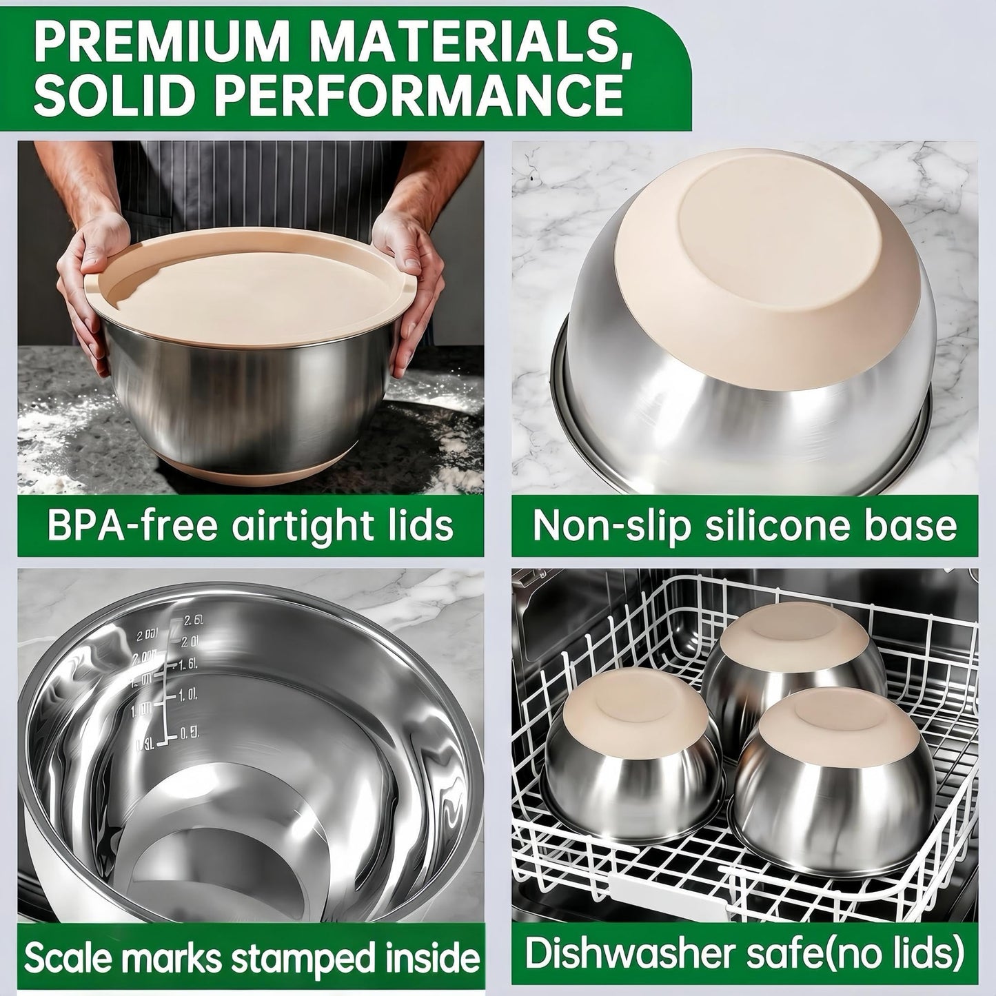 Deedro Premium Mixing Bowls with Airtight Lids Set, 22Pcs Thicker Stainless Steel Mixing Bowl Set, Large Prep Metal Bowls, Non-Slip Silicone Base Nesting Bowls for Kitchen, 1.5/2/3/4/5 QT, Khaki
