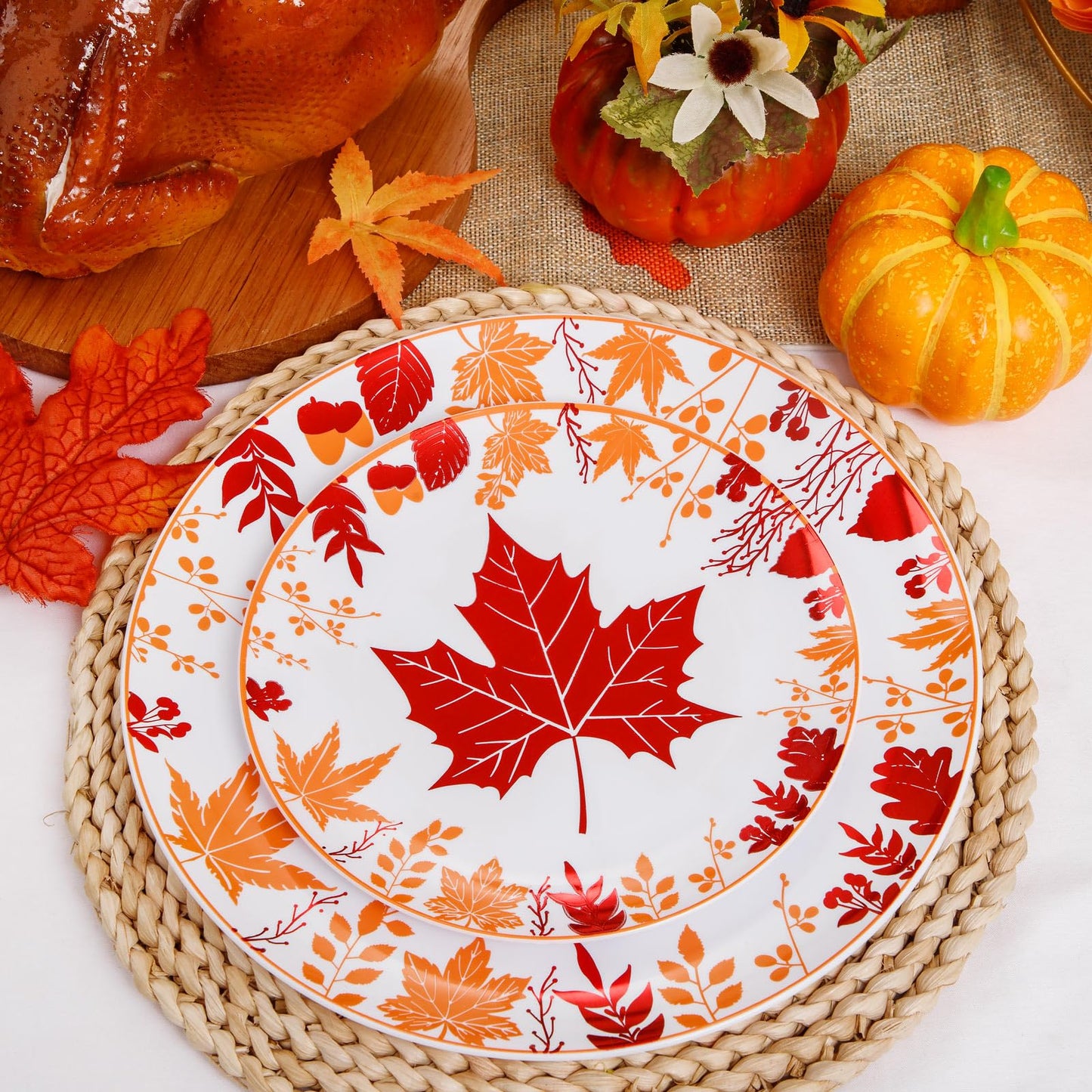 Liacere 150PCS Thanksgiving Plastic Plates- Include 30 Dinner Plates, 30 Dessert Plate,30 Forks, 30 Gold Spoons, 30 Gold Knives Perfect for Thanksgiving＆ Fall Plates