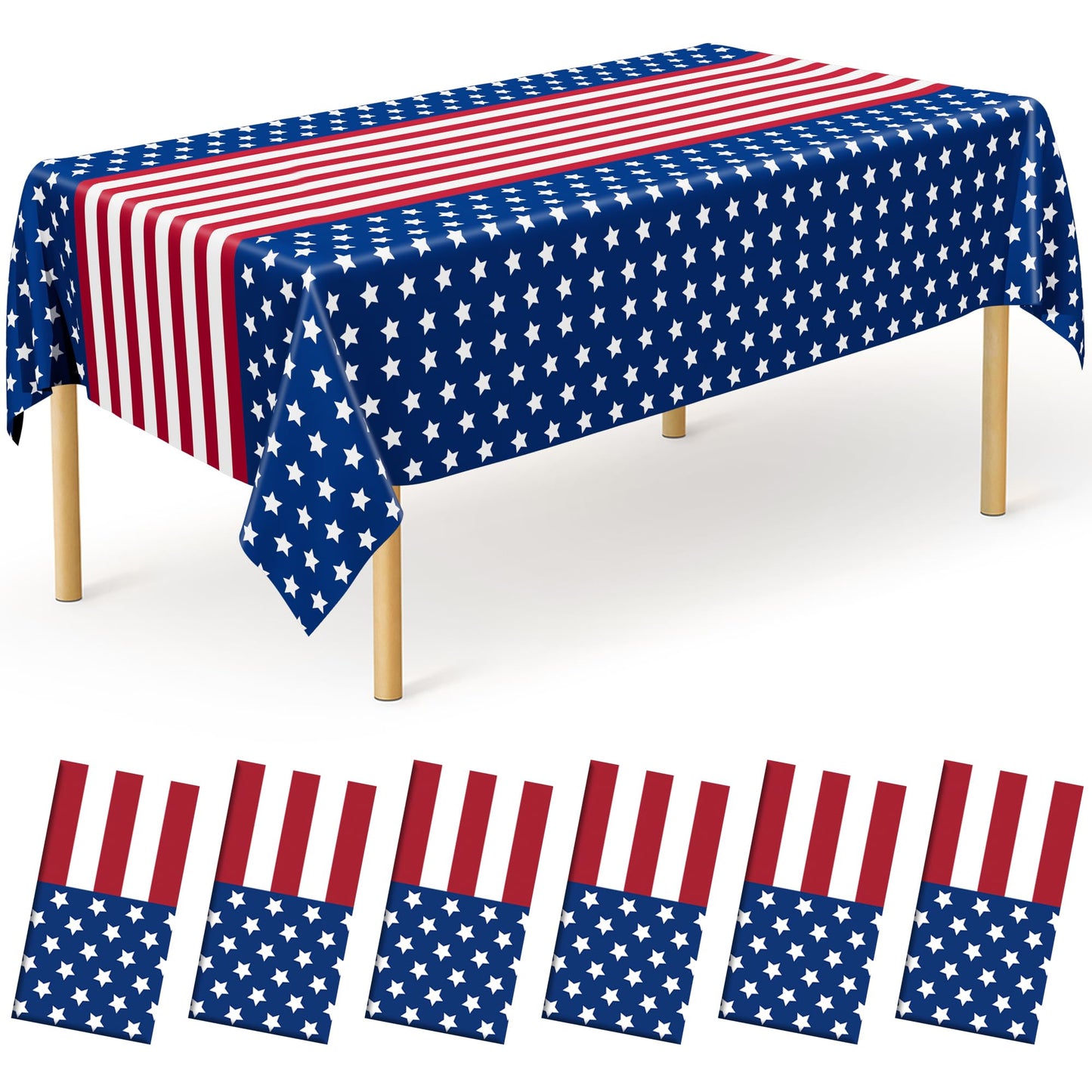 6 PACK 4th of July Decorations, 108" X 54" 250th Anniversary Patriotic Plastic Table Cover, Disposable Water Proof Fourth of July Tablecloths, Red White Blue USA Decor Memorial Day Party Supplies
