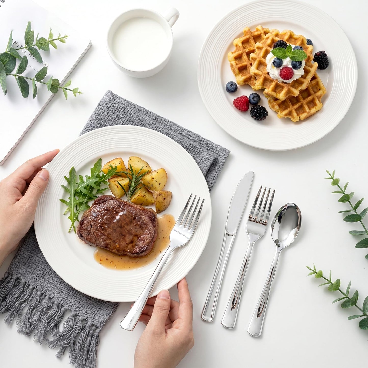 N9R 120PCS Silver Plastic Silverware, Silver Plastic Cutlery Set Disposable Flatware Dinnerware -60 Forks, 30 Spoons, 30 Knives for Wedding, Party, Birthday and Daily Use